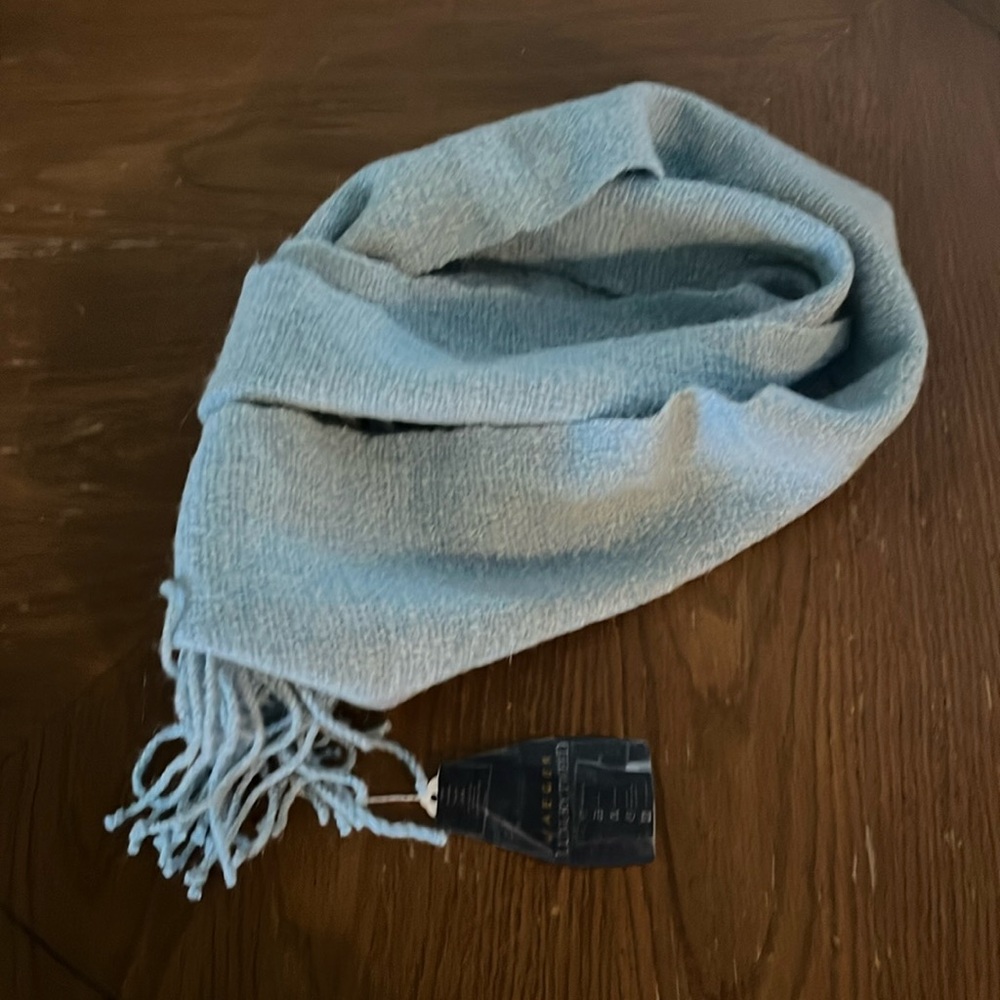 Jaeger tweed wool fringe scarf light “Tiffany” blue 7” x 90” + 3” fringe new